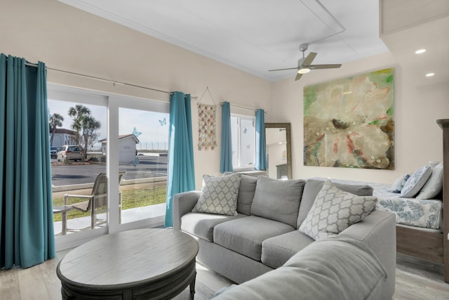 909 Santa Rosa Blvd Unit 611, Fort Walton Beach, FL 32548 - living room featuring plenty of natural light, a ceiling fan, light wood-style flooring, and crown molding