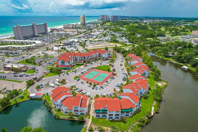 bird's eye view with a water view