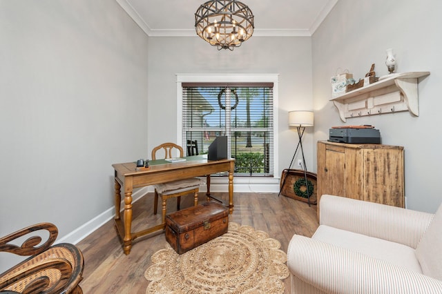 office with an inviting chandelier, crown molding, and hardwood / wood-style floors