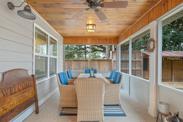 sunroom featuring wooden ceiling and ceiling fan