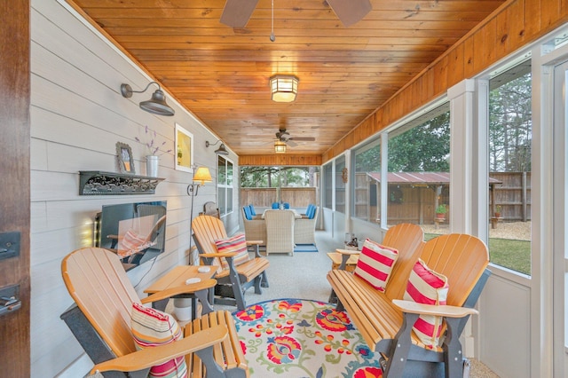 sunroom with ceiling fan and wooden ceiling