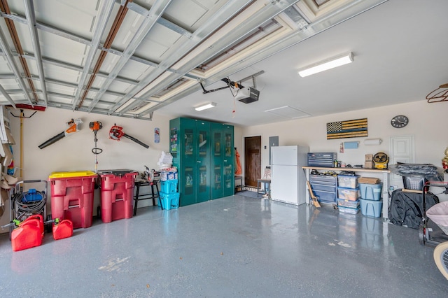 garage with white fridge