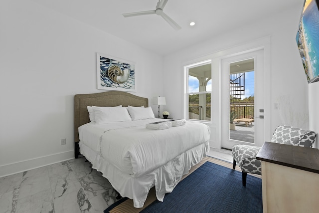 bedroom featuring access to exterior and ceiling fan