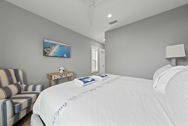 bedroom featuring dark wood-type flooring and ceiling fan