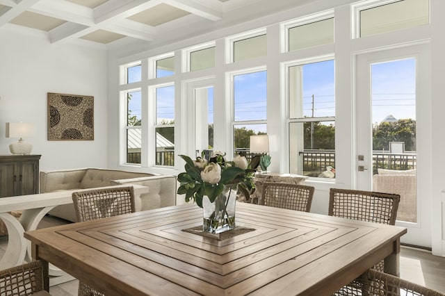 sunroom with a healthy amount of sunlight, coffered ceiling, and beam ceiling