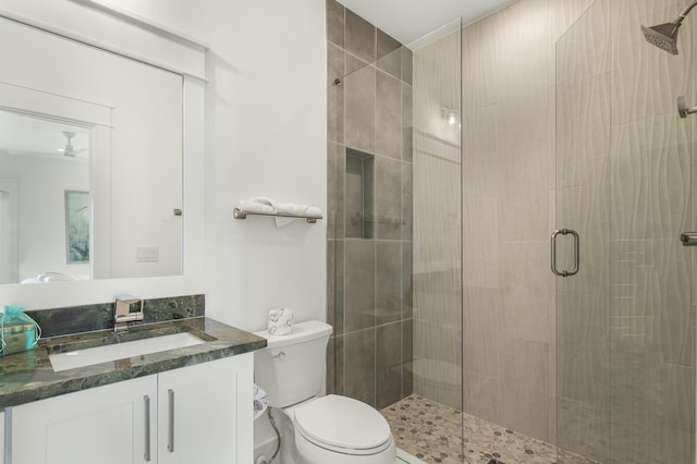 bathroom featuring vanity, a shower with shower door, and toilet