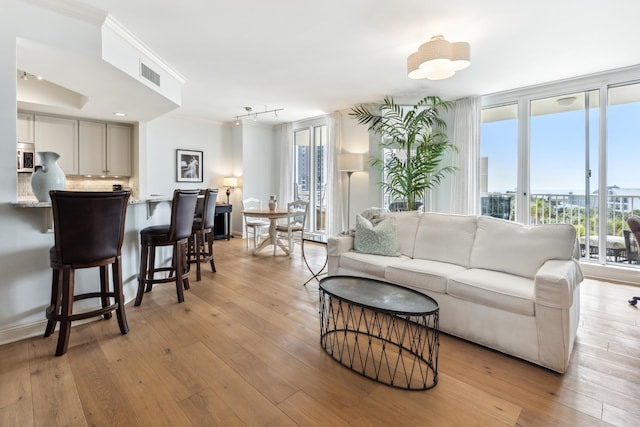 living room featuring ornamental molding, light wood-type flooring, visible vents, and floor to ceiling windows