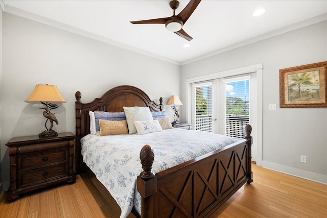 54 Rue Du Soleil, Santa Rosa Beach, FL 32459 - bedroom featuring access to exterior, french doors, light wood-type flooring, crown molding, and recessed lighting