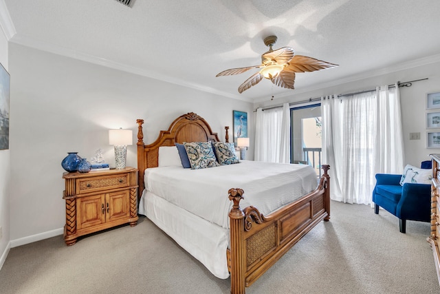 bedroom with light carpet, ornamental molding, and access to outside