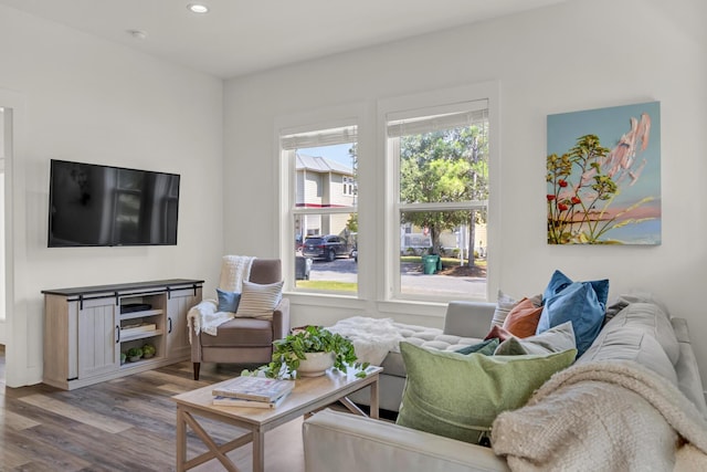 living area featuring wood finished floors and recessed lighting