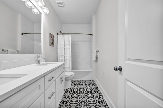 full bath with double vanity, shower / tub combo, visible vents, tile patterned floors, and a sink