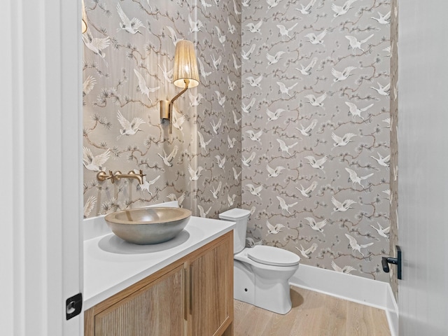 147 Quail Hollow Ct, Watersound, FL 32461 - half bathroom with wood finished floors, vanity, toilet, and wallpapered walls