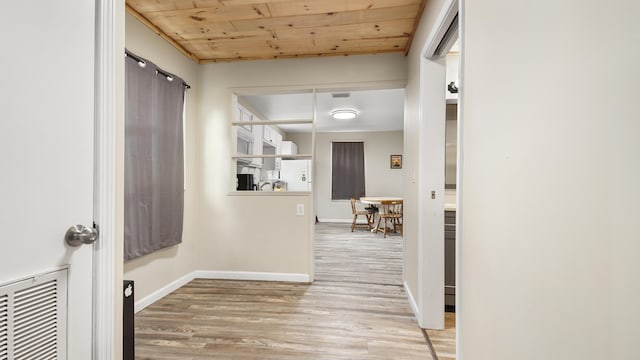 hallway featuring wood-type flooring and wooden ceiling