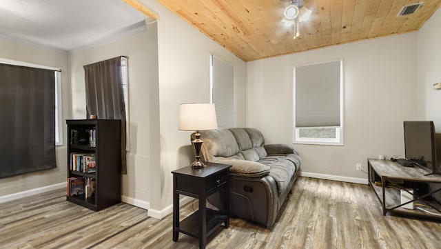 living area featuring wood ceiling and light wood-type flooring