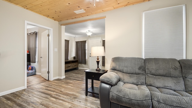 living room with wood ceiling and hardwood / wood-style flooring