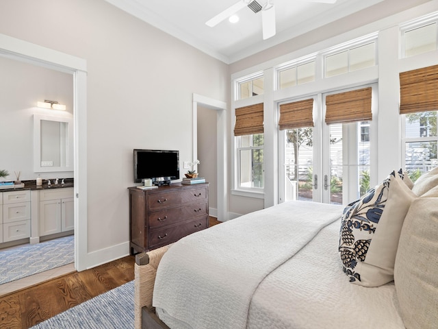 bedroom featuring access to exterior, dark wood-style flooring, a ceiling fan, connected bathroom, and baseboards