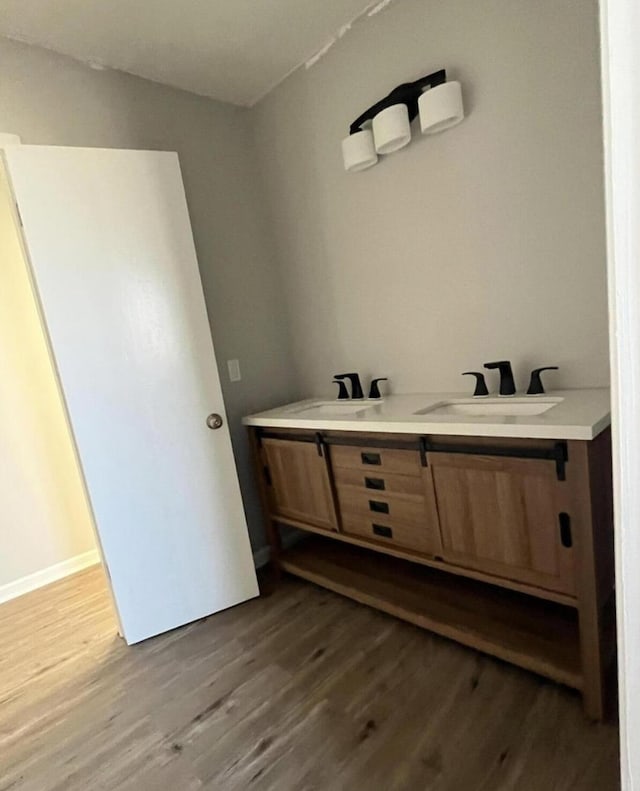 bathroom with vanity and wood-type flooring