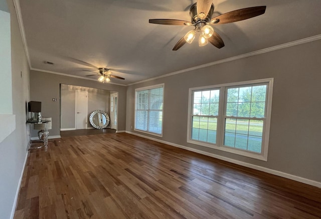 unfurnished living room with crown molding, wood-type flooring, and ceiling fan