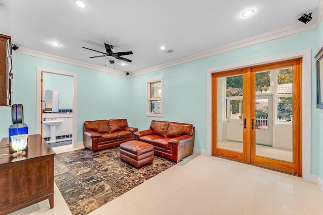 living room with recessed lighting, visible vents, baseboards, french doors, and crown molding