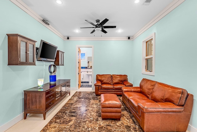 living room with ceiling fan, ornamental molding, visible vents, and baseboards