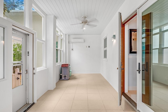 hall with wood ceiling, light tile patterned flooring, and a wall mounted AC