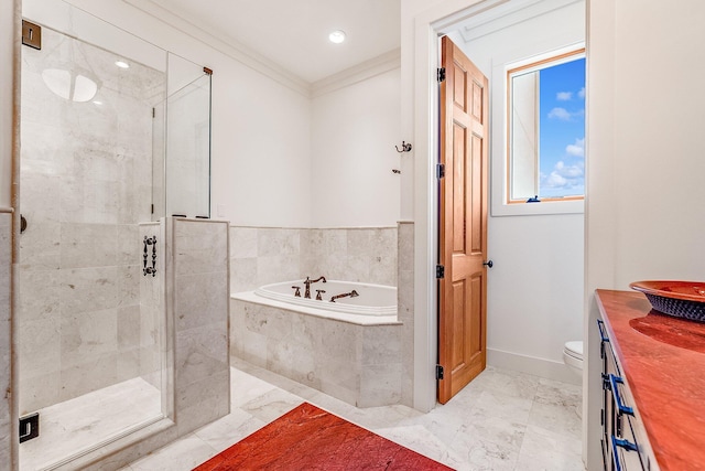 full bathroom featuring marble finish floor, a stall shower, and a garden tub