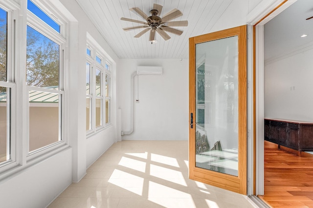 sunroom featuring wood ceiling, french doors, a wall unit AC, and ceiling fan