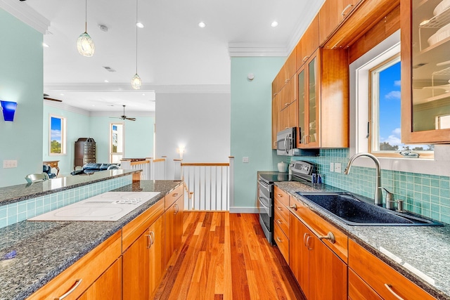 kitchen with appliances with stainless steel finishes, brown cabinetry, a sink, and ornamental molding