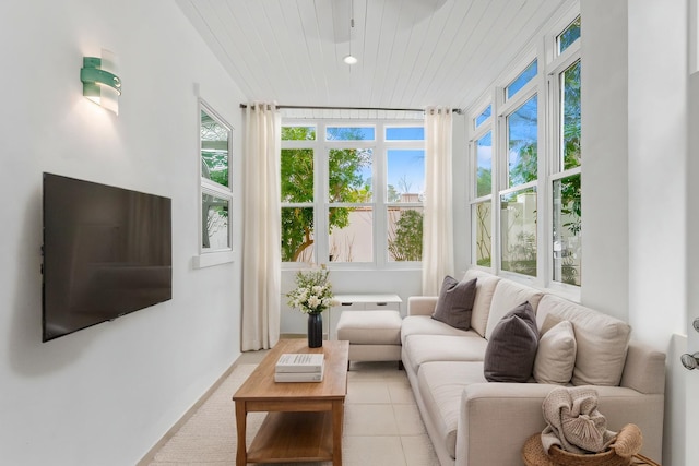 sunroom with wooden ceiling