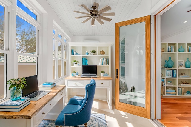 home office with ceiling fan, built in desk, wood finished floors, and wood ceiling