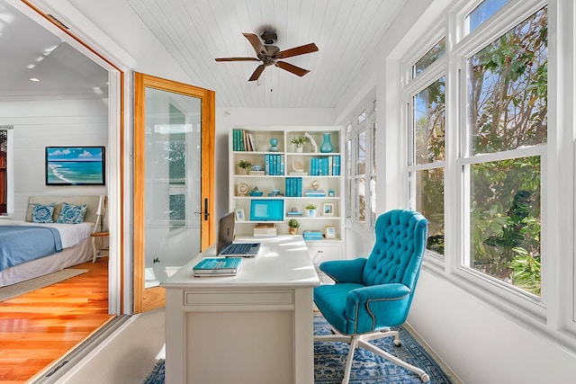 sunroom / solarium with wood ceiling and ceiling fan