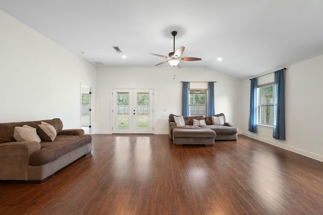 living room featuring french doors, ceiling fan, lofted ceiling, and dark hardwood / wood-style flooring