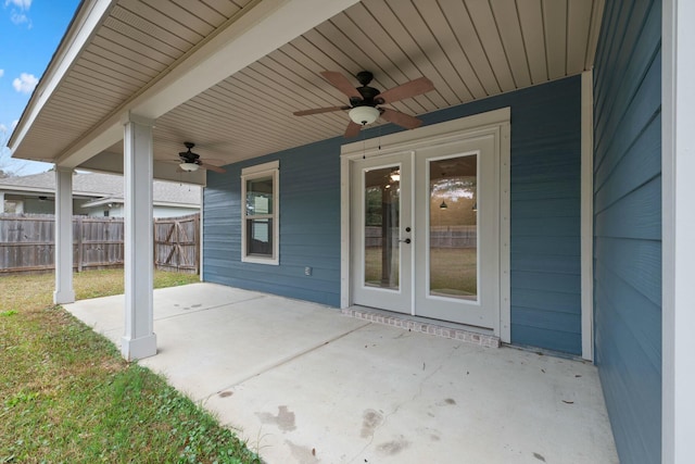 view of patio with french doors and ceiling fan