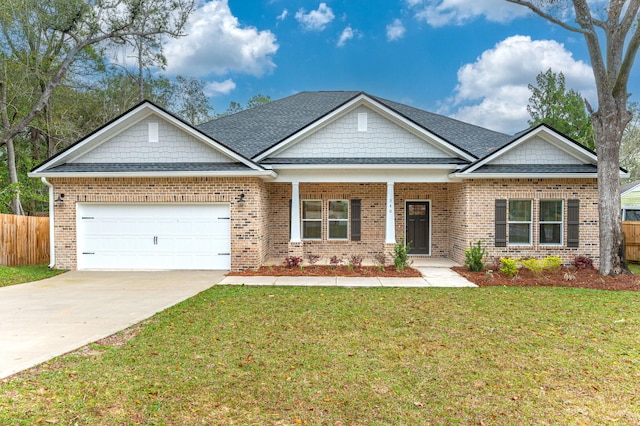 craftsman-style home featuring a garage, driveway, brick siding, and fence