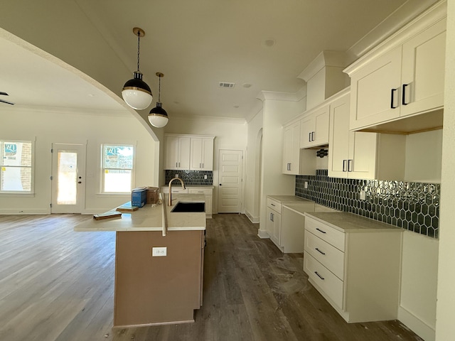 kitchen featuring dark wood-style floors, a sink, a kitchen island with sink, crown molding, and backsplash