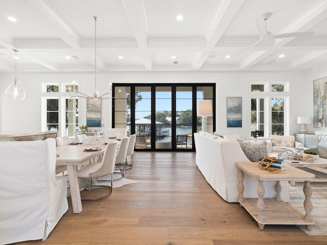 59 Arboleda Dr, Santa Rosa Beach, FL 32459 - living room featuring beam ceiling, coffered ceiling, wood finished floors, and recessed lighting