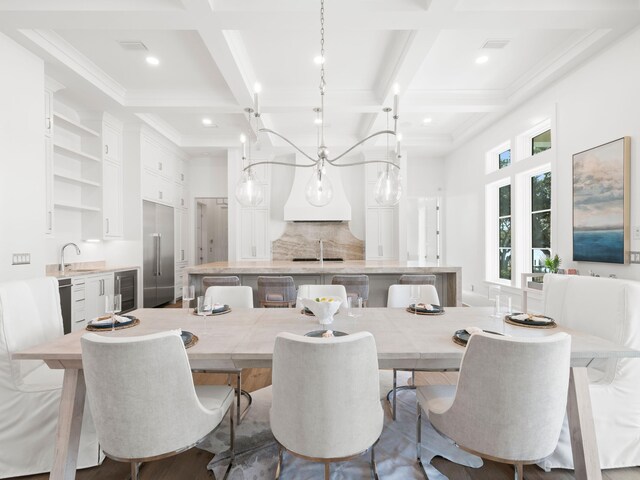 59 Arboleda Dr, Santa Rosa Beach, FL 32459 - dining area with coffered ceiling, wine cooler, beamed ceiling, wood finished floors, and recessed lighting
