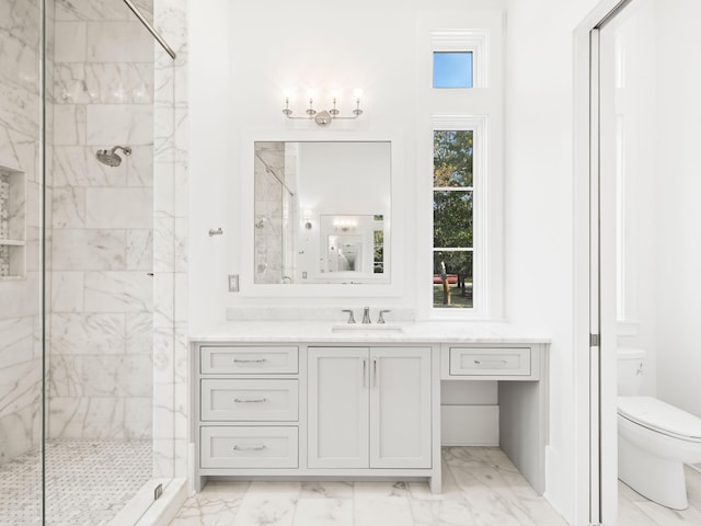 59 Arboleda Dr, Santa Rosa Beach, FL 32459 - bathroom featuring marble finish floor, toilet, vanity, and a marble finish shower