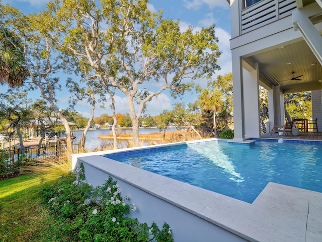 59 Arboleda Dr, Santa Rosa Beach, FL 32459 - view of swimming pool with a ceiling fan, a fenced in pool, and a water view