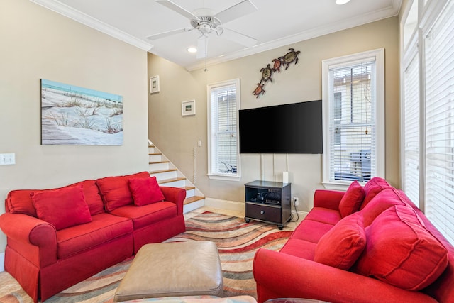 living room with crown molding, recessed lighting, stairway, a ceiling fan, and baseboards