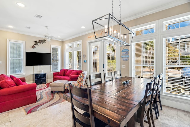 dining area with recessed lighting, visible vents, and crown molding