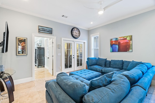 living area with french doors, visible vents, ornamental molding, light tile patterned flooring, and baseboards