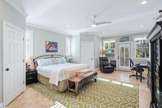 bedroom with access to exterior, recessed lighting, crown molding, and baseboards