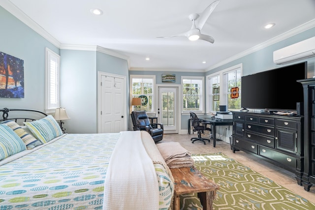 bedroom with access to outside, ornamental molding, multiple windows, and a wall mounted air conditioner