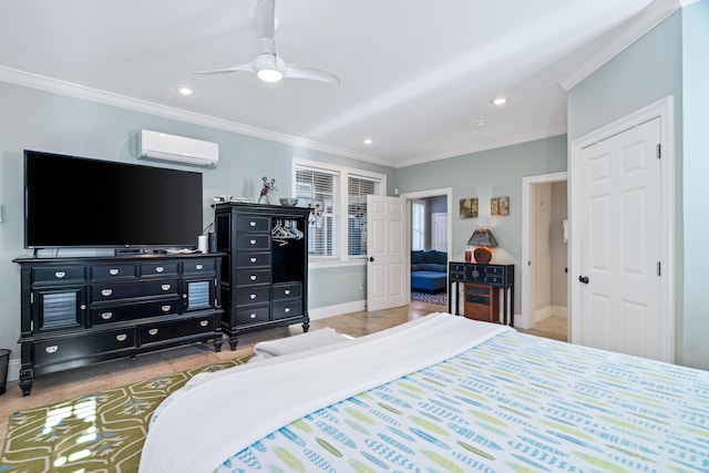 bedroom with recessed lighting, baseboards, crown molding, and a wall mounted air conditioner