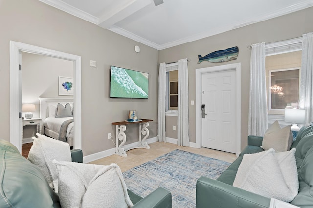 living room with ornamental molding, baseboards, and light tile patterned floors