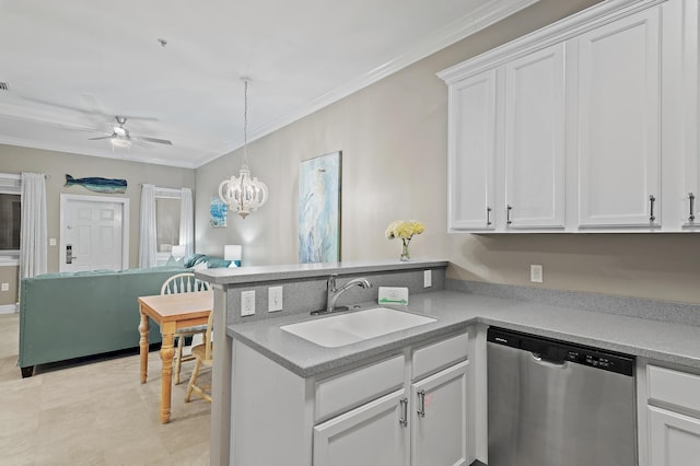 kitchen featuring white cabinetry, a sink, a peninsula, and stainless steel dishwasher