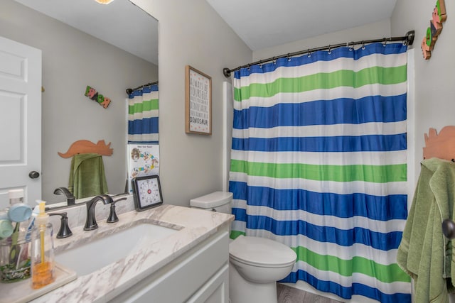 bathroom with hardwood / wood-style floors, vanity, a shower with shower curtain, and toilet