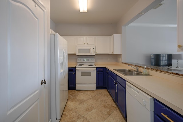 kitchen featuring light countertops, white appliances, white cabinetry, blue cabinets, and a sink