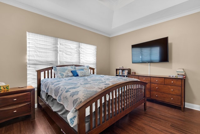 bedroom featuring dark wood-style floors, crown molding, and baseboards